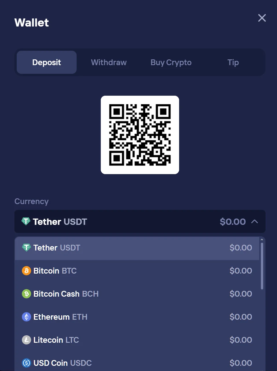 Duel Casino wallet deposit – QR code and crypto list