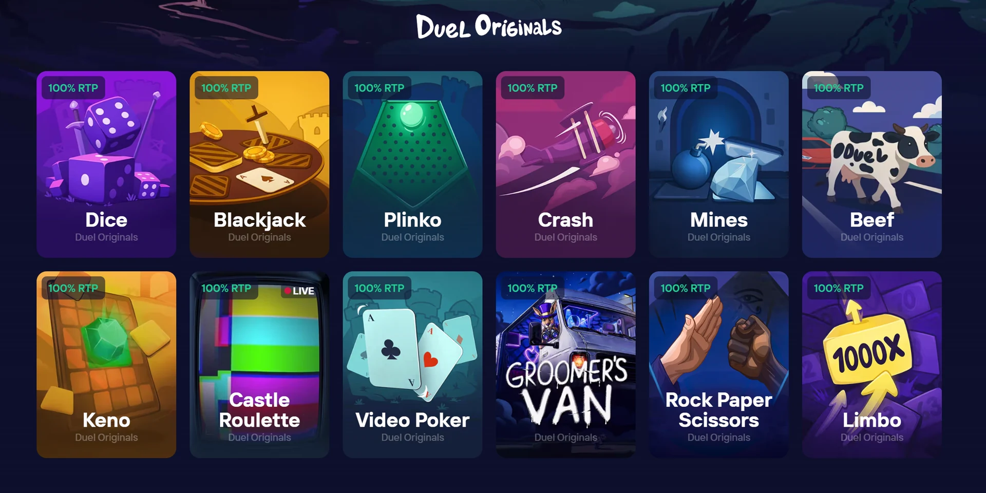 Duel Originals – Dice, Blackjack, Plinko, Crash, Limbo, Mines, Beef, Keno, Castle Roulette, Video Poker, Groomer's Van, Rock Paper Scissors