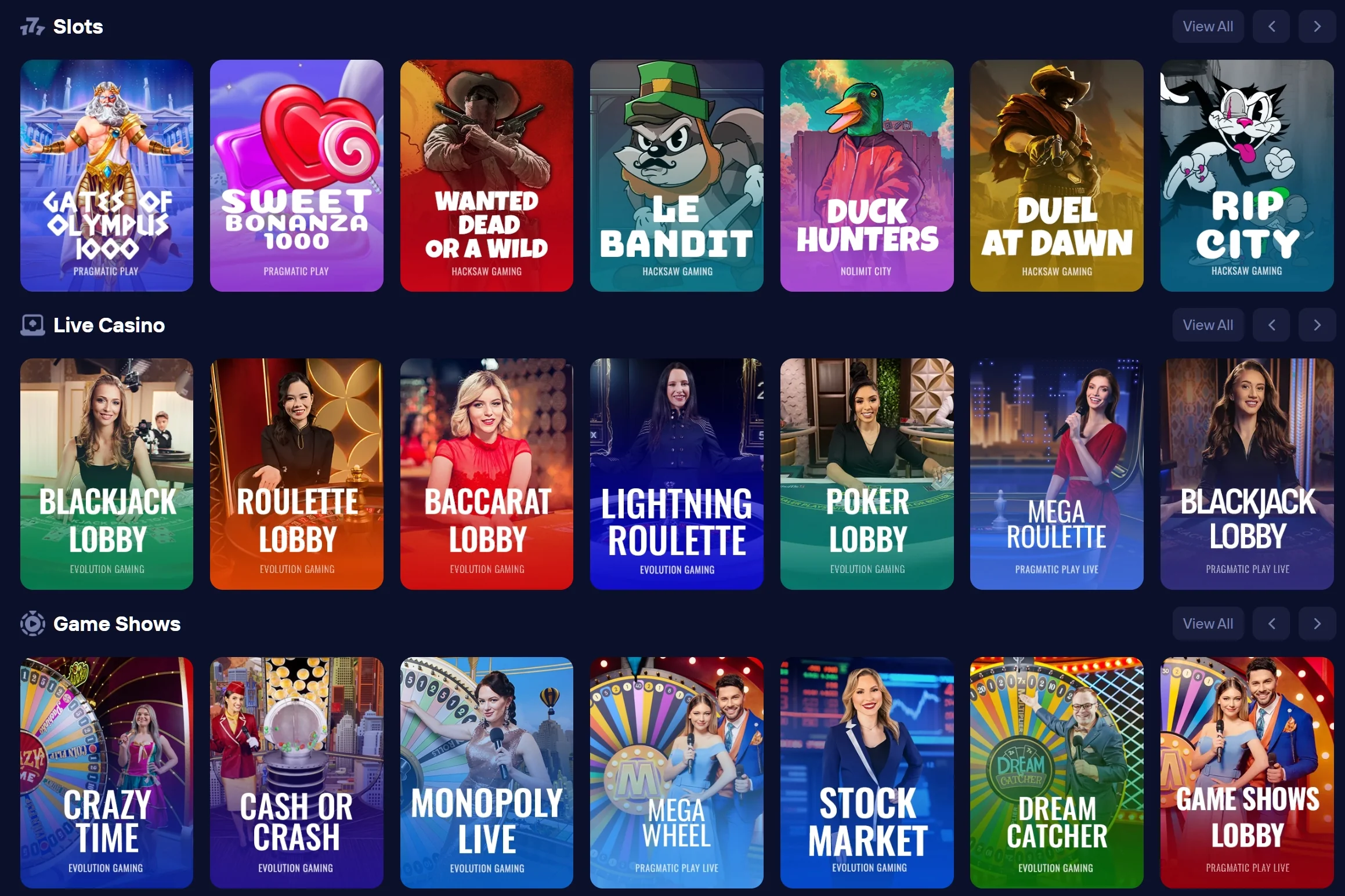 Duel Casino Game Categories