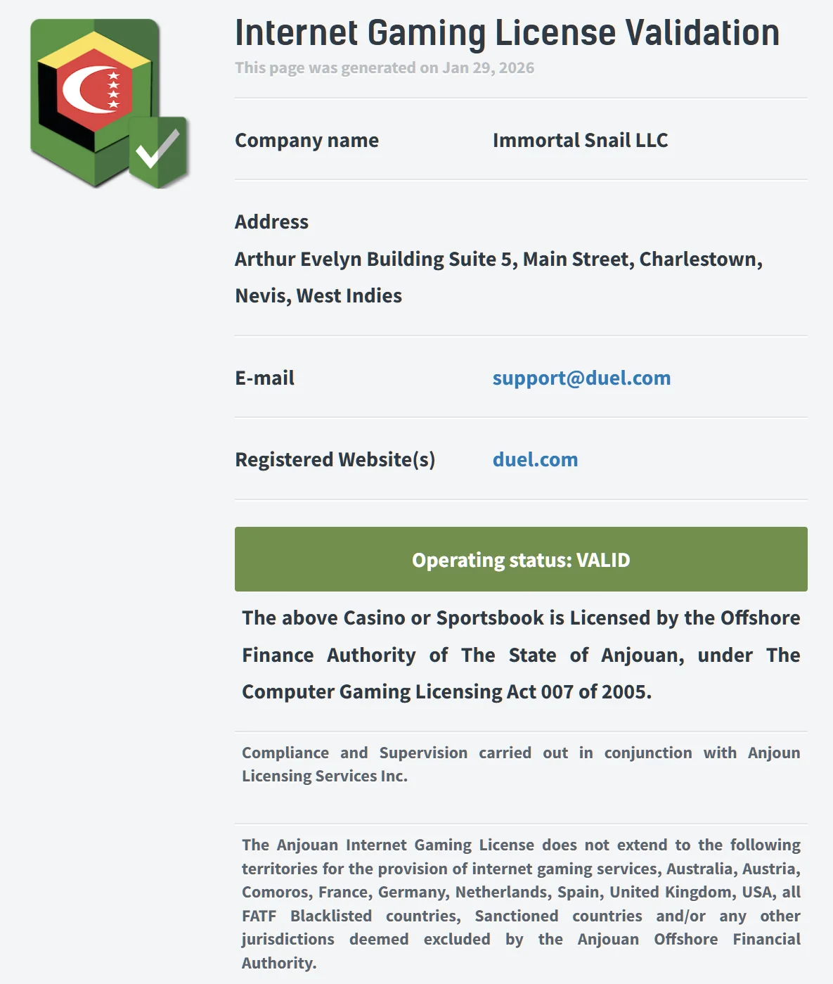 Anjouan Gaming Authority license