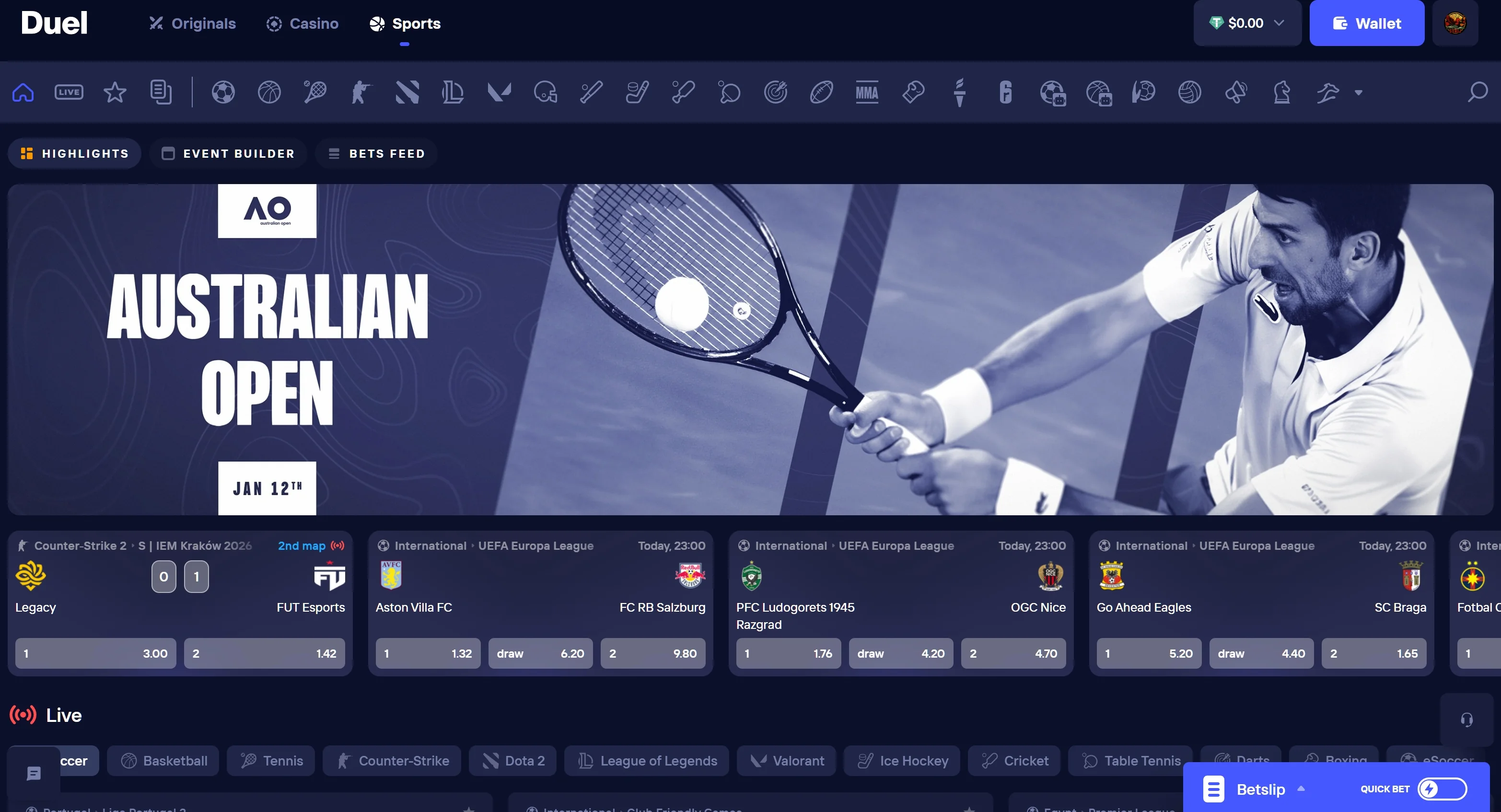 Duel Sportsbook - Australian Open Tennis Betting with Live Markets
